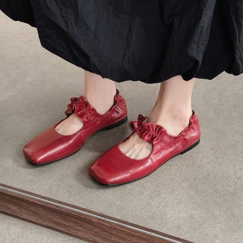 2025新款里外真皮法式复古擦色镂空巨好看平底休闲舒适超软单鞋女