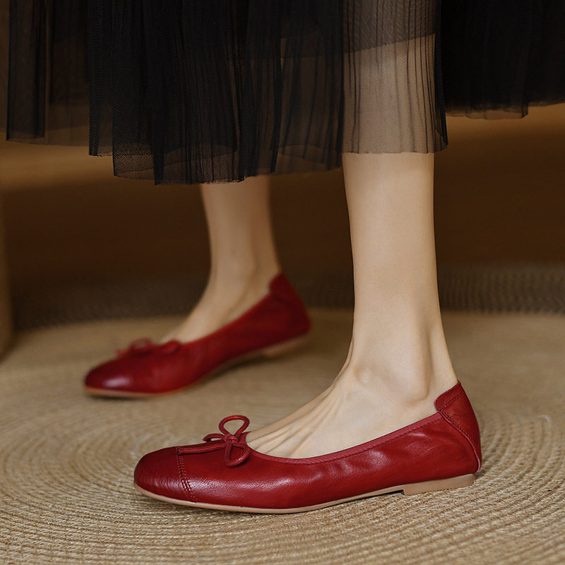 法式温柔风平底玛丽珍鞋女2025新款春真皮蝴蝶结浅口单鞋芭蕾舞鞋