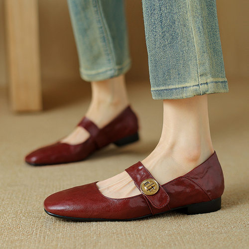 里外全皮~法式复古方头一字扣玛丽珍鞋女春季新款酒红色平底单鞋