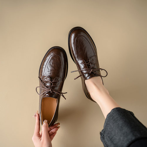 英伦风复古系带小皮鞋女低跟圆头真皮深口新款单鞋软皮棕色乐福鞋