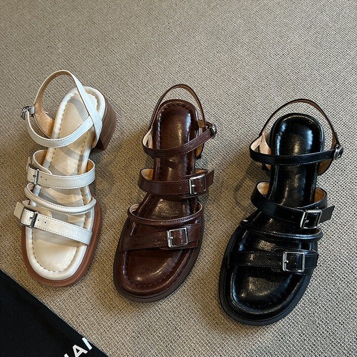 羊皮！法式复古设计感凉鞋女配裙子露趾一字皮带扣粗跟休闲罗马鞋,运动鞋new,跑步鞋,淘宝优惠券,粉丝福利购,淘宝优惠卷