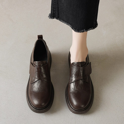 玥莱雅~超软小羊皮乐福鞋女厚底魔术贴小皮鞋通勤高级感粗跟单鞋