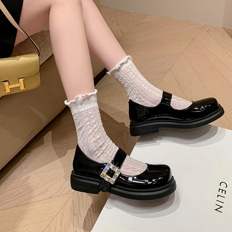 厚底玛丽珍鞋女2024春秋黑色粗跟法式复古jk小皮鞋一字带水钻单鞋
