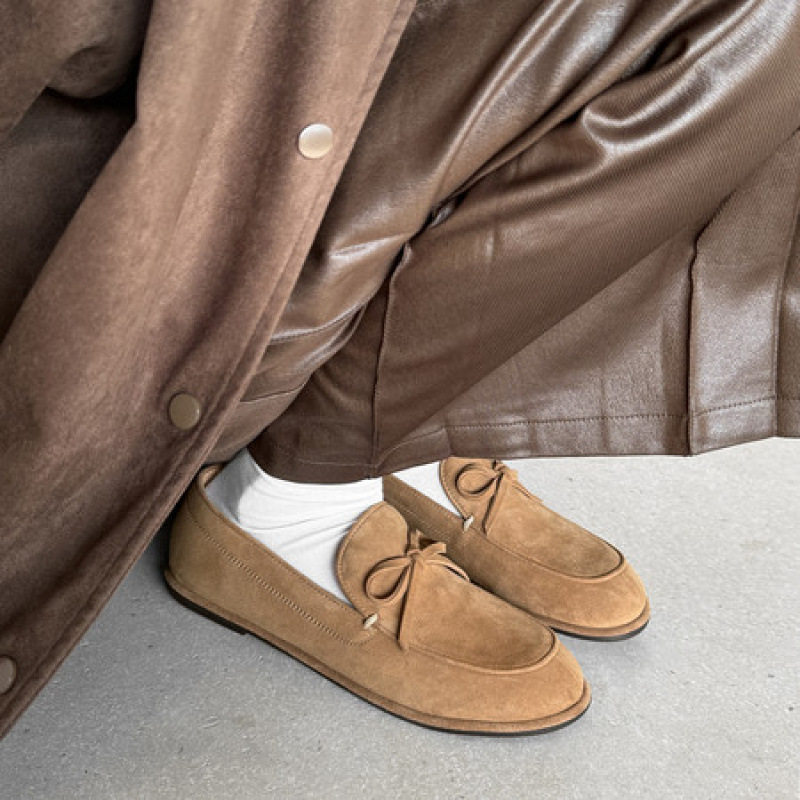 2025新款复古羊反皮乐福单鞋女蝴蝶结一脚蹬平底豆豆百搭真皮舒适,流行男鞋,马丁靴,淘宝优惠券,粉丝福利购,淘宝优惠卷