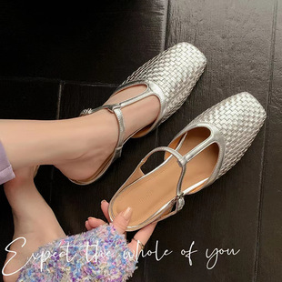 女 女夏真皮镂空小众金色粗跟凉拖鞋 方头编织法式 银色浅口包头拖鞋