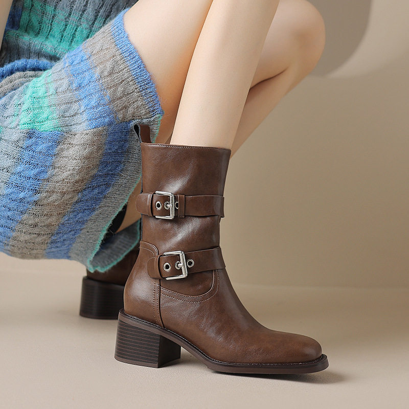 切尔西骑士中筒靴套脚时尚皮带扣粗跟真皮马丁靴2023款流行西部靴