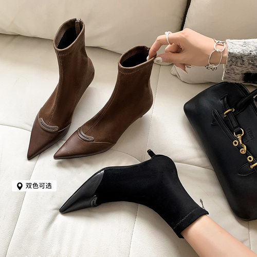 法式复古尖头短靴女秋冬小跟弹力靴拼接女靴子真皮猫跟中跟瘦瘦靴