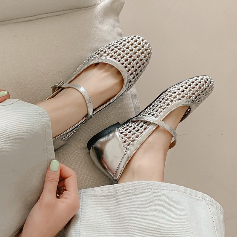 1.5CM法式编织镂空玛丽珍鞋平底2025年新款圆头一字带小皮鞋银色~,居家布艺,居家婚庆拖鞋,淘宝优惠券,粉丝福利购,淘宝优惠卷