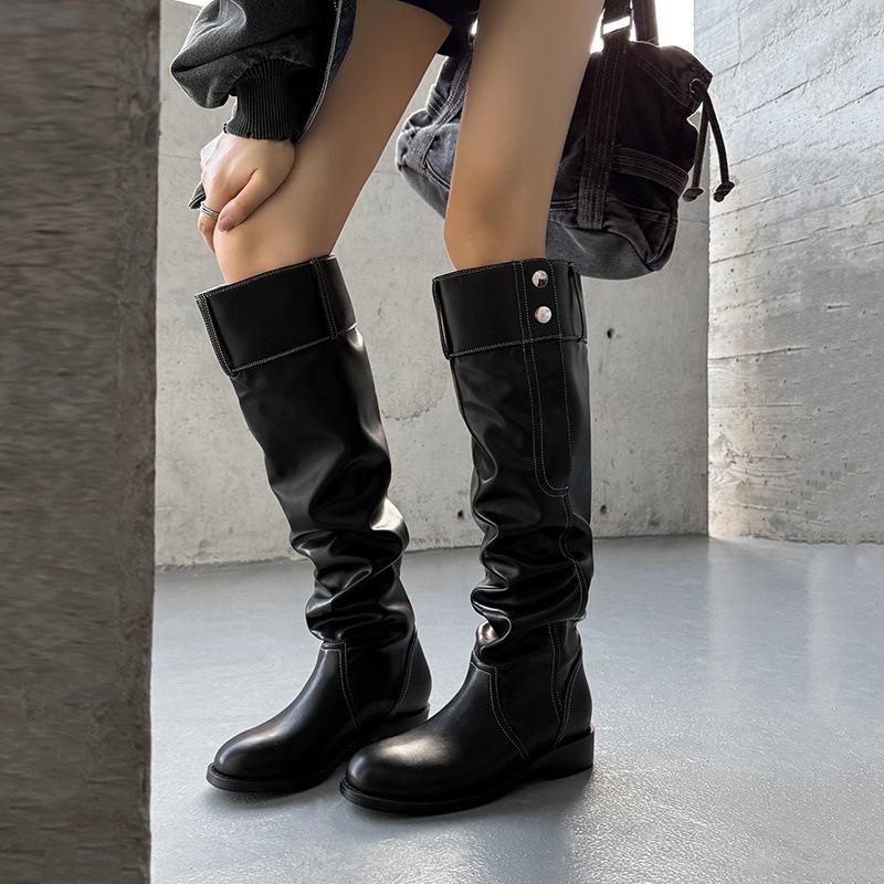 时尚百搭圆头平底粗跟长筒靴子女秋冬2025新款纯色显瘦堆堆骑士靴