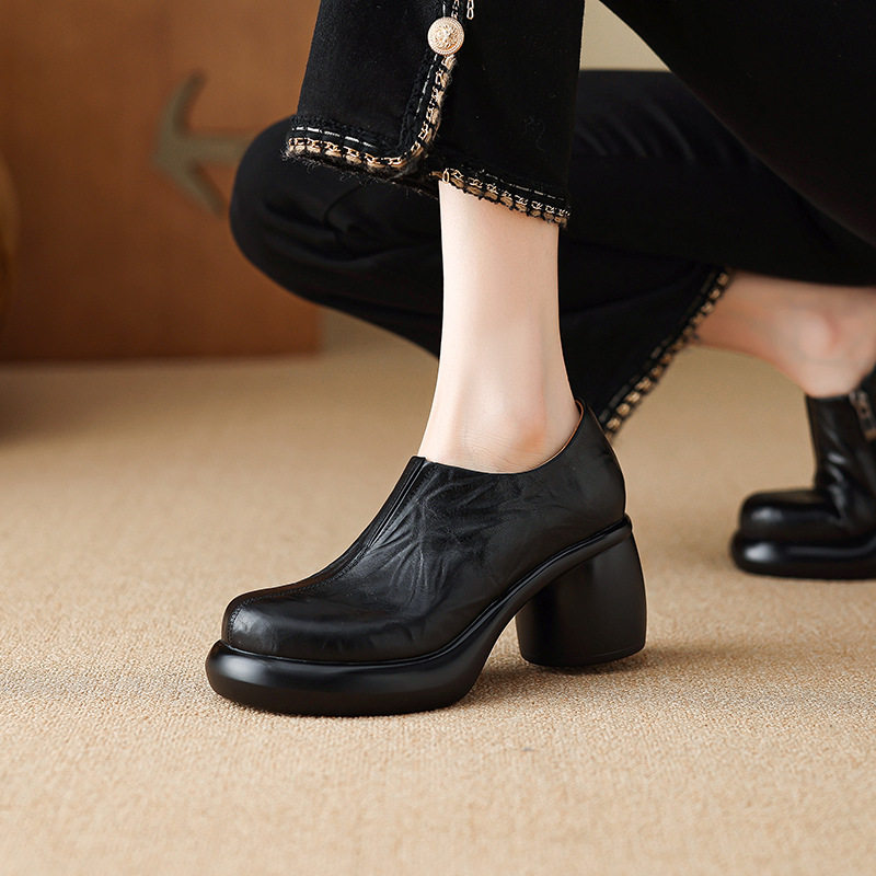 8CM复古风深口高跟鞋百搭粗跟棕色防水台单鞋秋冬百搭厚底女鞋