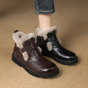 2.5CM羊皮真皮冬季加绒短靴女冬新款保暖雪地靴及踝靴厚底毛里靴