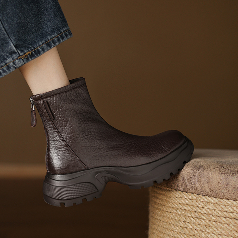 5.5cm复古风真皮后拉链厚底马丁靴女秋冬新款百搭显瘦松糕底短靴