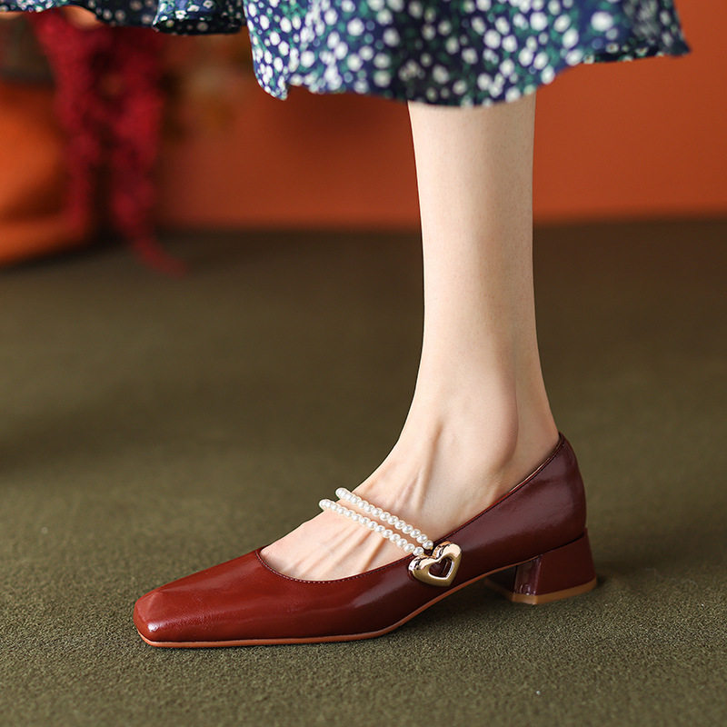 心无禁忌~2023新款玛丽珍女鞋牛皮粗跟浅口方头显瘦气质单鞋女潮
