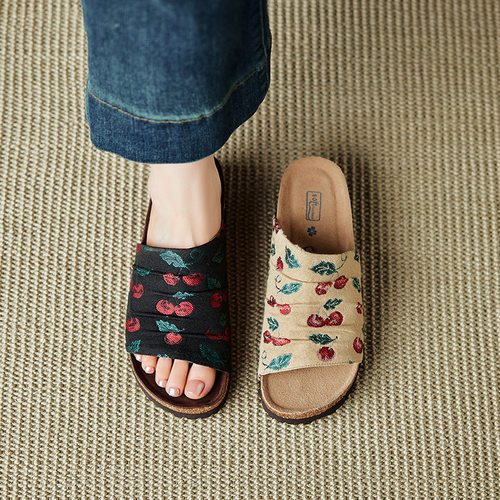 复古小众印花厚底凉拖鞋女外穿2025夏季新款露趾圆头百搭一字拖鞋