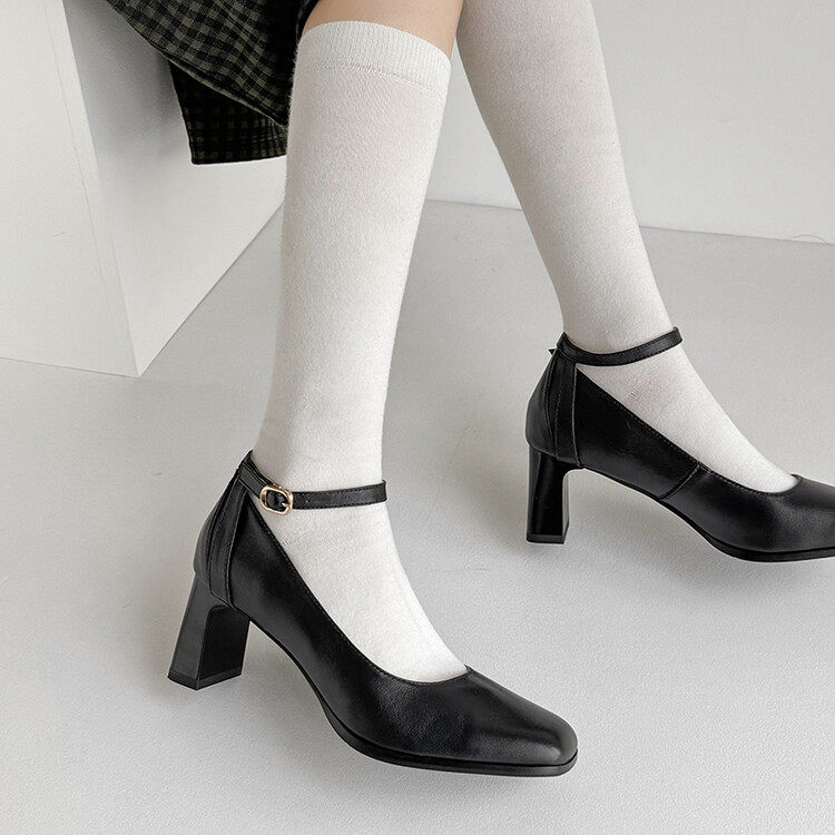 真皮高跟鞋女黑色2024夏季新款中跟粗跟单鞋绑带工作鞋百搭不累脚