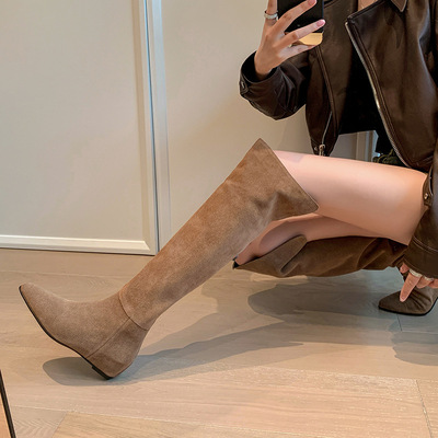 真皮平底过膝靴女2024新款显瘦内增高长筒靴翻毛皮时尚高筒骑士靴