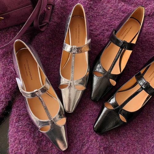羊皮版~银色法式复古玛丽珍鞋女小猫跟尖头浅口单鞋配裙子小皮鞋