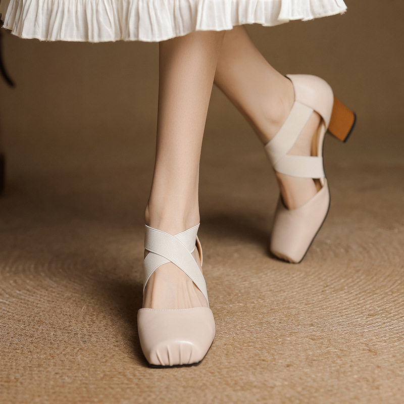 2025新法式复古高跟鞋女粗跟真皮猪鼻方头交叉松紧带优雅玛丽珍鞋,居家布艺,居家婚庆拖鞋,淘宝优惠券,粉丝福利购,淘宝优惠卷