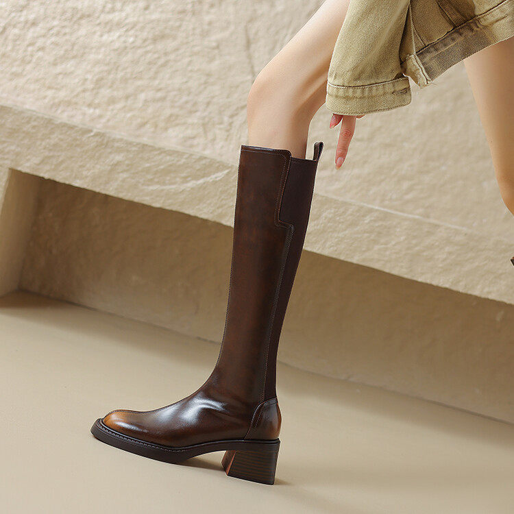 包腿显瘦牛皮厚底骑士靴bai搭粗高跟方头个性擦色松紧拼接高筒女,流行男鞋,马丁靴,淘宝优惠券,粉丝福利购,淘宝优惠卷