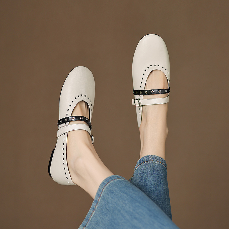 玛丽珍小皮鞋女拼色法式浅口一字扣带平底鞋超柔软羊皮不累脚单鞋