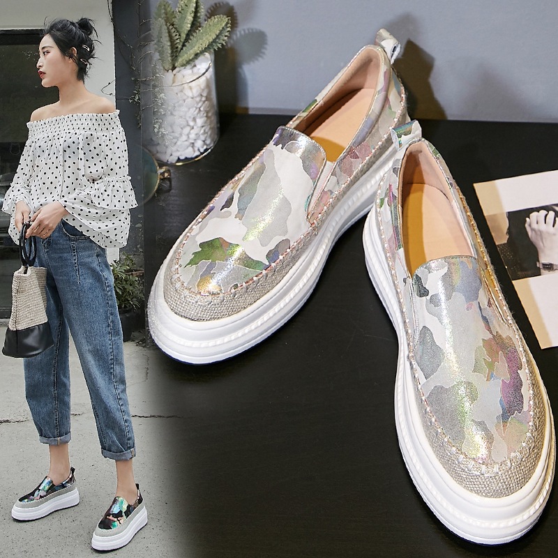 真皮一脚蹬乐福鞋女2023新款涂鸦高跟厚底小个子懒人鞋单鞋松糕鞋