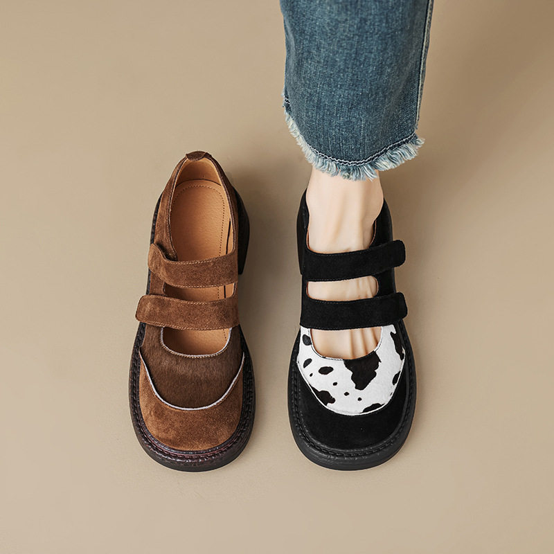 2024复古磨砂牛皮拼接马毛平跟单鞋女春秋款镂空魔术贴圆头乐福鞋