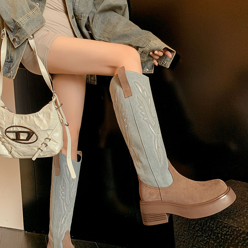 设计师款~复古刺绣西部牛仔靴真皮拼色圆头小个子厚底V口长筒靴女,居家布艺,居家婚庆拖鞋,淘宝优惠券,粉丝福利购,淘宝优惠卷