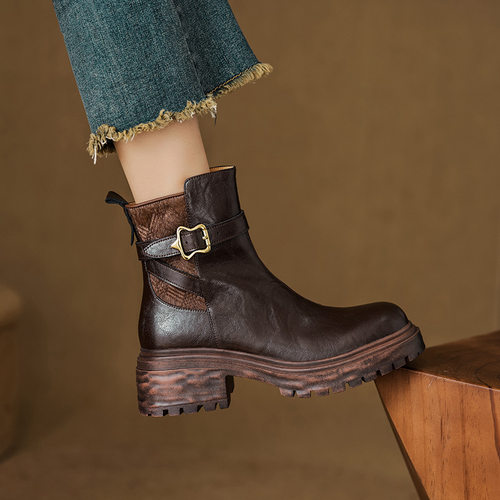 小个子厚底马丁靴女真皮马毛粗跟2024新款秋冬皮带扣拼接高跟短靴