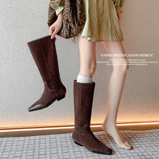 淑女气质经典小方头平底及膝靴尖头长靴宽口中筒靴女舒适骑士靴子