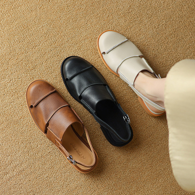 复古包头凉鞋女款2024新款夏天百搭真皮拼接镂空猪笼鞋软皮罗马鞋