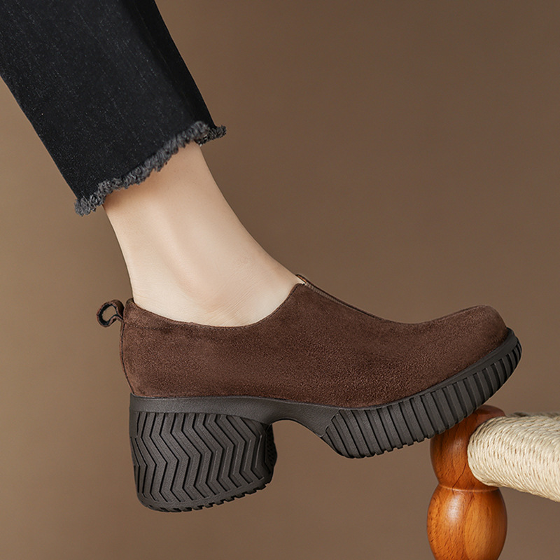 7.5CM 真皮圆头深口单鞋女2025年秋冬休闲复古松糕厚底粗跟小皮鞋