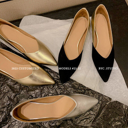 2025秋新款高级感牛皮珍珠银色单鞋韩系ins拼接尖头粗跟工作鞋女