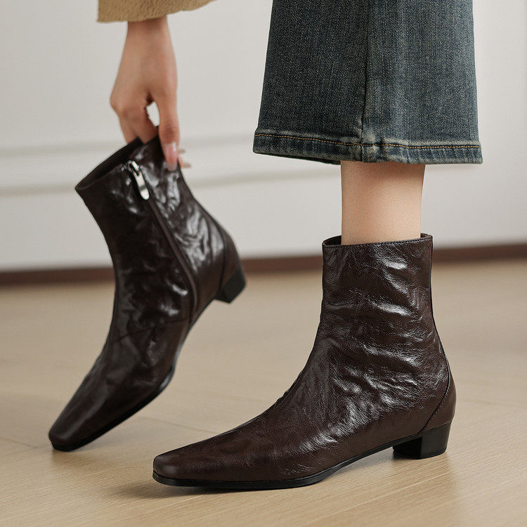 3cm低跟棕色复古瘦瘦靴女秋冬新款皱感短靴真皮马丁靴单靴小踝靴,运动鞋new,跑步鞋,淘宝优惠券,粉丝福利购,淘宝优惠卷