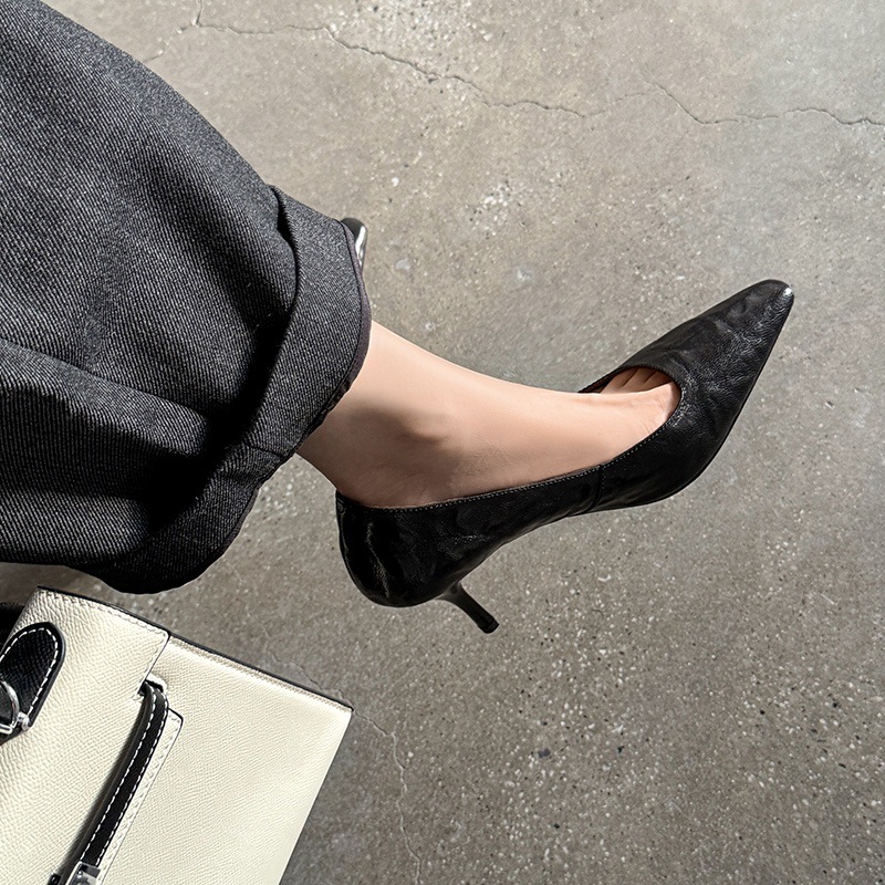 真皮法式气质优雅通勤百搭小尖方头7cm高跟鞋纯色简约单鞋女秋季