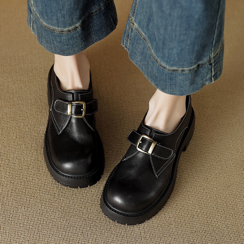 复古乐福鞋女厚底2025春季新款英伦风增高粗跟圆头单鞋jk小皮鞋潮