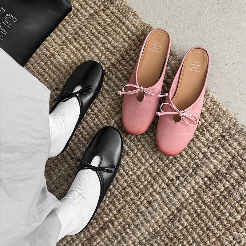 真皮小众圆头平底包头半拖鞋女夏季外穿粉色蝴蝶结休闲一脚蹬凉拖,户外/登山/野营/旅行用品,登山鞋/徒步鞋,淘宝优惠券,粉丝福利购,淘宝优惠卷