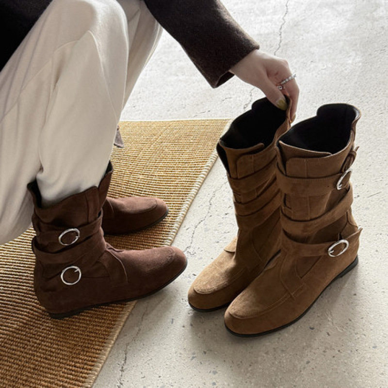 法式美拉德西部牛仔靴尖头粗跟内增高中筒靴真皮百搭复古带扣女靴,户外/登山/野营/旅行用品,登山鞋/徒步鞋,淘宝优惠券,粉丝福利购,淘宝优惠卷