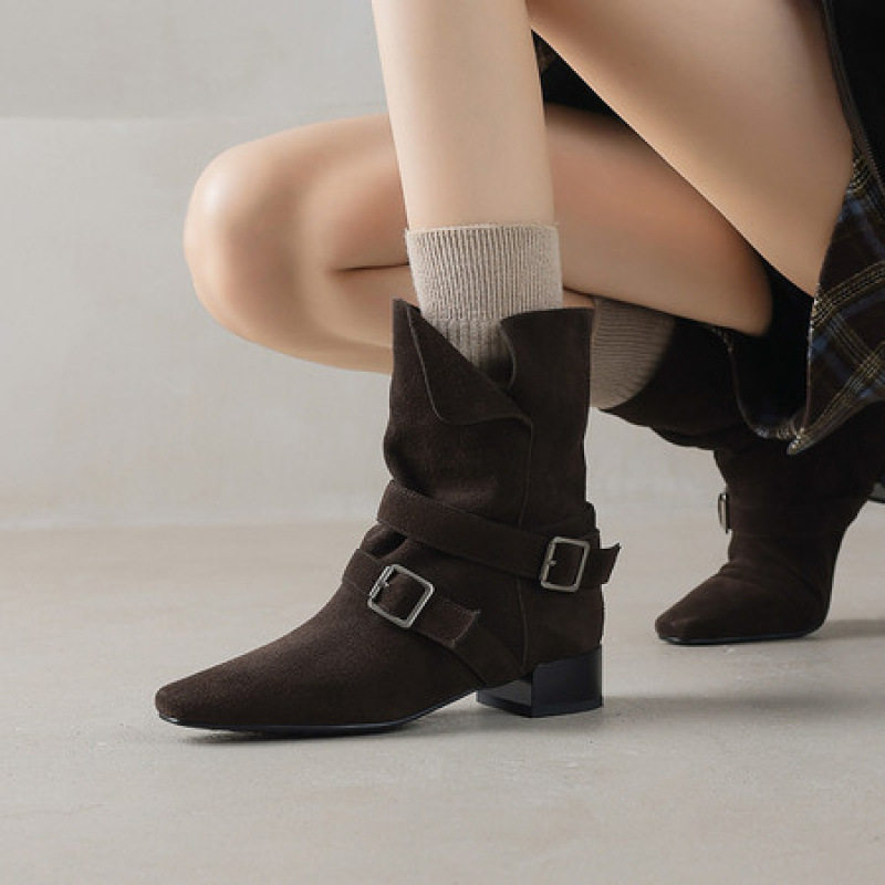 2025复古小方头磨砂粗跟短靴新款百搭时尚宽松皮带扣西部牛仔靴,流行男鞋,马丁靴,淘宝优惠券,粉丝福利购,淘宝优惠卷