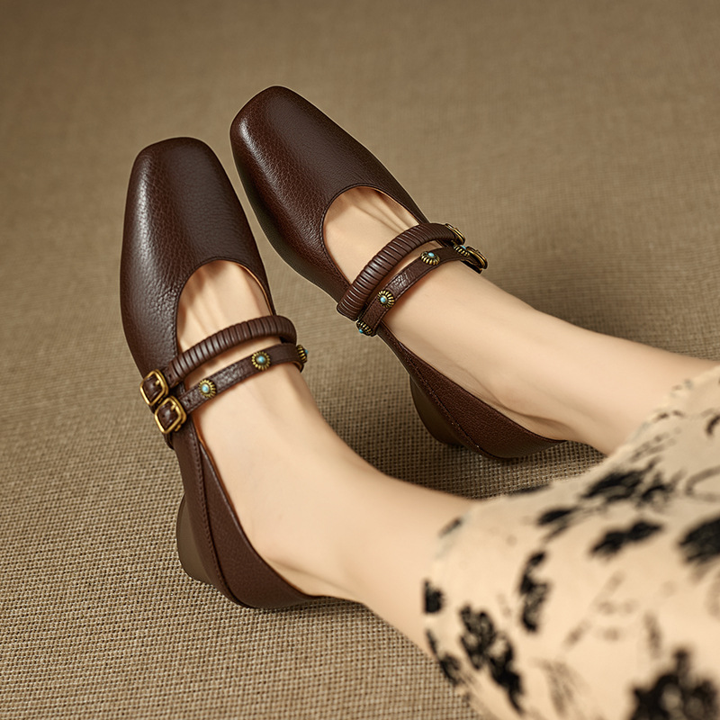 法式复古风方头粗跟玛丽珍鞋女2025新款真皮百搭小皮鞋一脚蹬单鞋