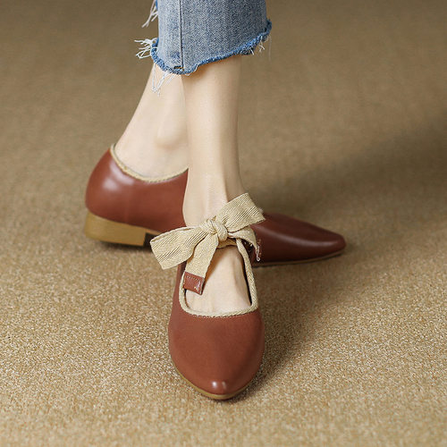 2023春季新款真皮单鞋尖头平底玛丽珍女鞋法式复古气质绑带女皮鞋