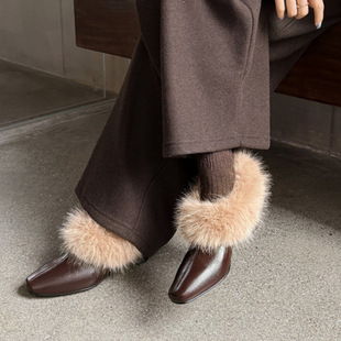 女士巨好看时尚2025年秋冬方头高跟内增高小皮鞋毛毛气质深口单鞋