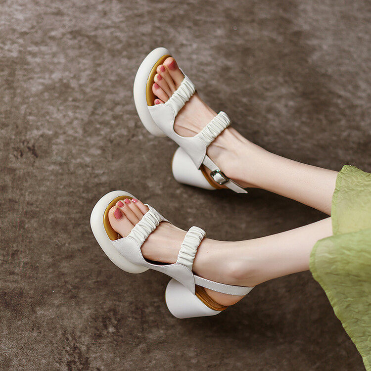 防水台粗高跟罗马凉鞋2023春夏新款一字带全皮踩死感时尚女鞋