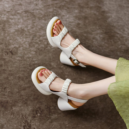 防水台粗高跟罗马凉鞋2023春夏新款一字带全皮踩死感时尚女鞋