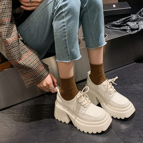 松糕厚底鞋小个子增高鞋女白色小皮鞋英伦百搭超高跟真皮深口单鞋