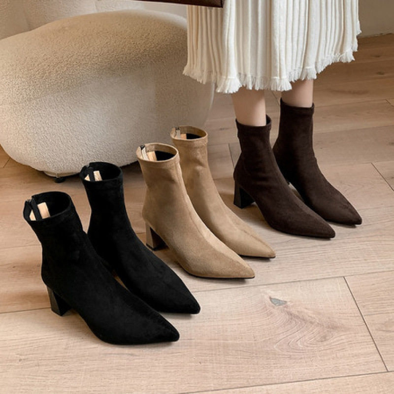 2025新款韩版气质尖头粗跟弹力绒面瘦瘦靴通勤冬季加绒高跟短靴女,户外/登山/野营/旅行用品,登山鞋/徒步鞋,淘宝优惠券,粉丝福利购,淘宝优惠卷