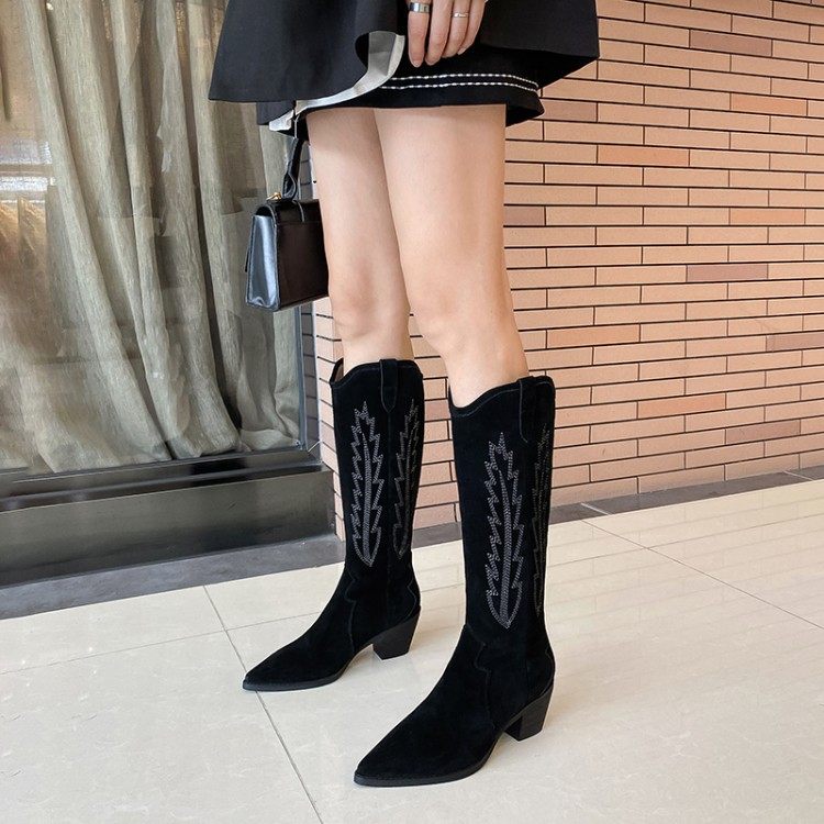 复古方头牛皮高筒靴女网红套筒刺绣牛皮骑士靴粗跟不过膝长筒靴子
