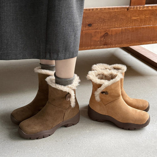 慵懒毛靴~冬季简约百搭绒面圆头厚底运动保暖雪地靴户外登山短靴