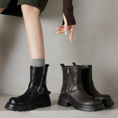 牛皮英伦风巨好看马丁靴女款2025秋季新款平底圆头黑色短靴子