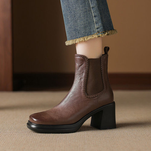 头层牛皮！复古粗跟厚底真皮短靴女2025新款方头高跟松紧口瘦瘦靴