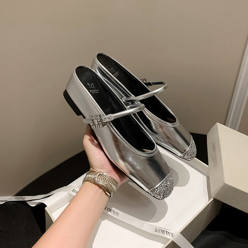 银色内增高女单鞋拼接圆头软底中跟芭蕾舞凉拖一字带玛丽珍拖鞋女